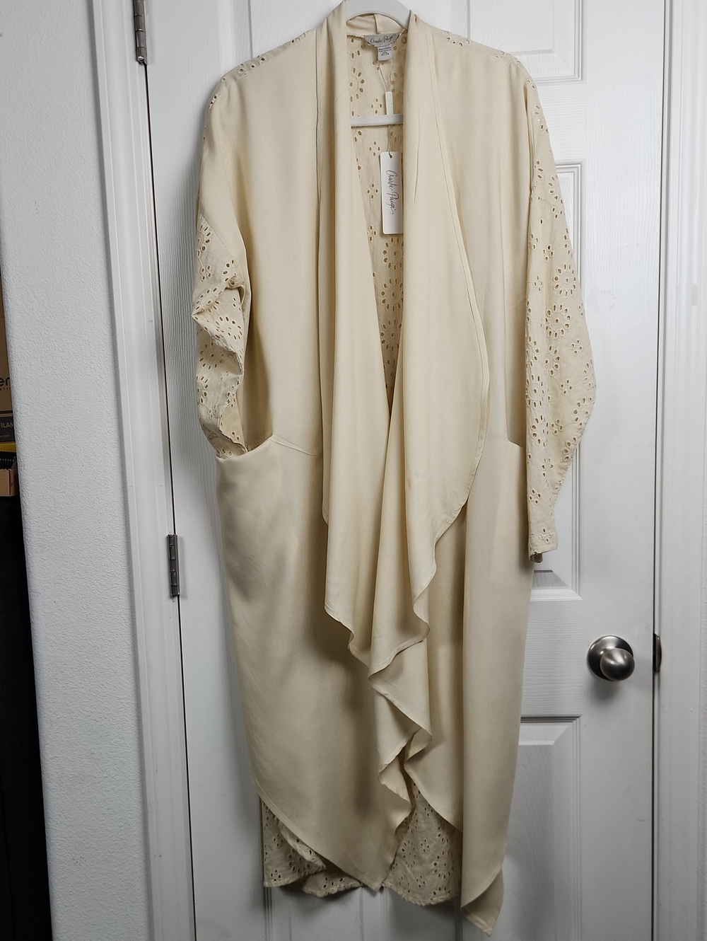 Charlie Paige Waterfall Eyelet Sleeves & Back w/ Solid Draped Front Kimono